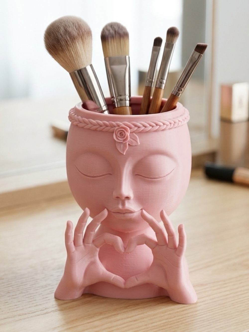 Pink Sculpted Face Makeup Brush Holder - Decorative Vanity Organizer